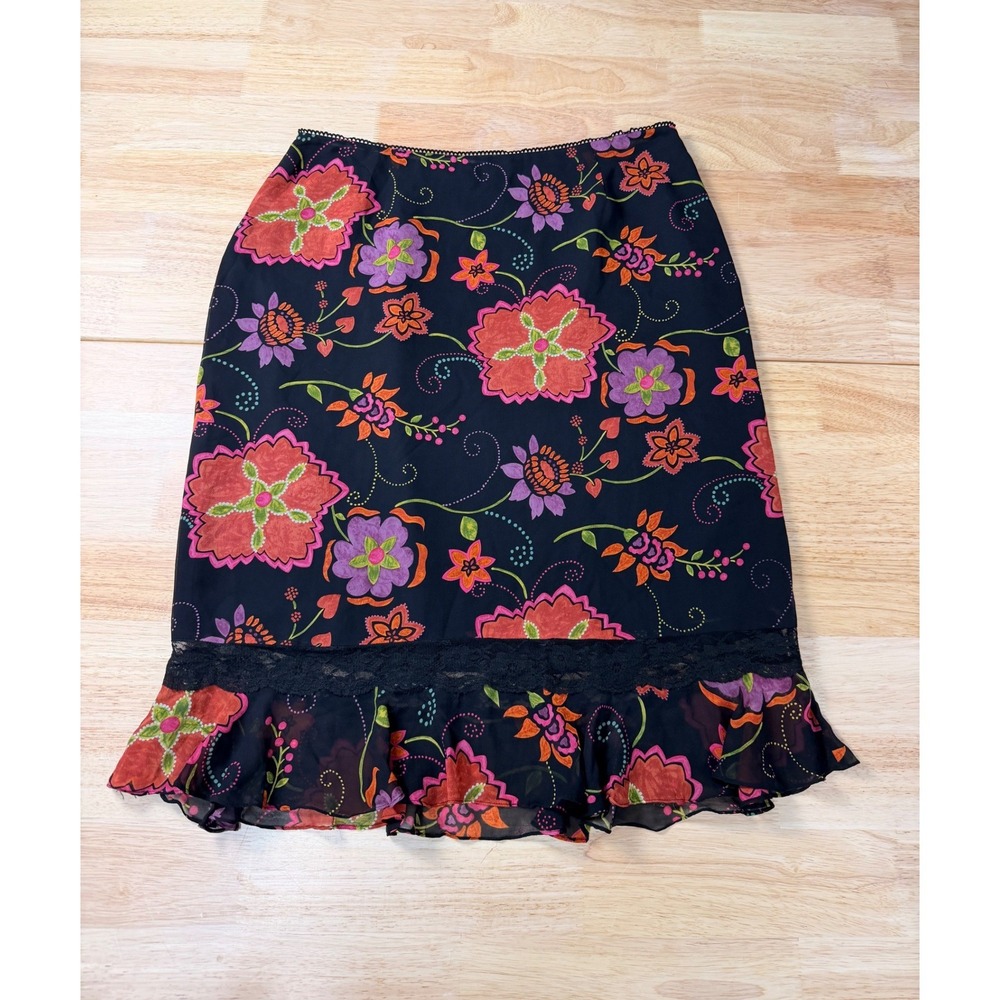Vintage 100% Silk Floral Lace Midi Skirt Spenser Jeremy Ruffle Hem Size 14